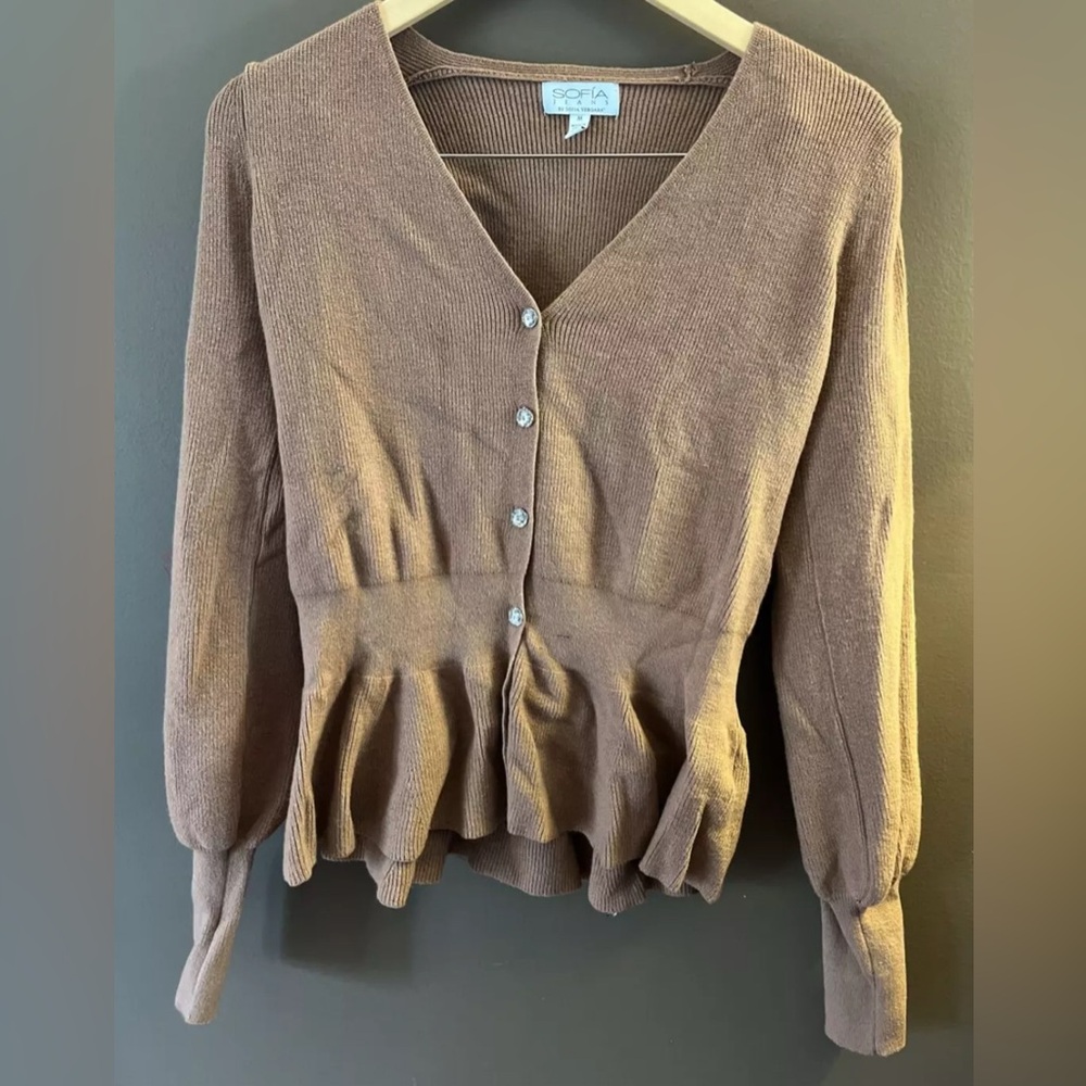 Sofia Vergara Women's Cardigan Sweater with Peplum Hem; Apricot